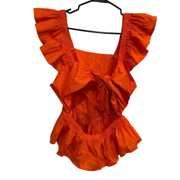 Iky & Me NWT Ruffled Orange Sleeveless Blouse With Peplum Hem Tie Back - Picture 2 of 9